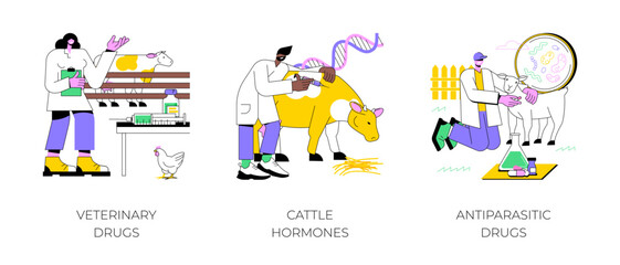 Drugs for livestock isolated cartoon vector illustrations set. Veterinary drugs, farmer giving antibiotics to domestic animal, inject cattle hormones, antiparasitic meds, farming vector cartoon.