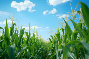 Green corn field under blue sky with white clouds, agricultural background