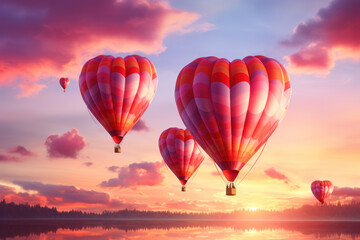 Fototapeta premium Heart-shaped hot air balloons floating against a vibrant sunset sky, creating a romantic atmosphere for Valentine's Day celebrations. Generative Ai.