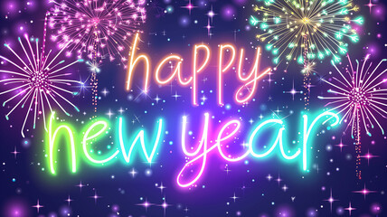 Happy new Year Text in bunten Neon Farben mit Feuerwerk und Lichteffekten. Querformat. Generative Ai