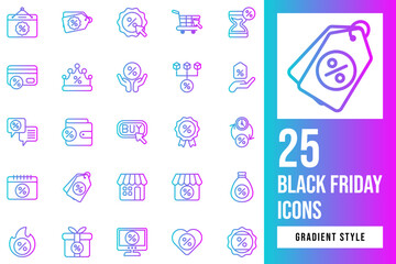 Set of Black Friday Gradient Icon Design Vector. monitor, award, cyber, discount, tag, calendar, click, badge, store, label, sale, buy, crown, money, bargain, heart, distribution, faq, sand, clock.