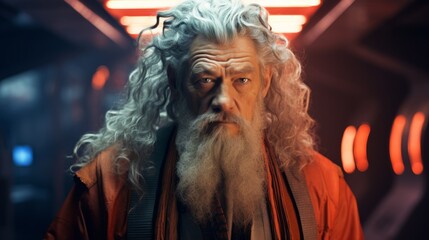 Fototapeta premium Photorealistic Old Chinese Man with Blond Curly Hair Futuristic Illustration. Portrait of a person with creative hairstyle in sci-fi movie style. Space-age Ai Generated Horizontal Illustration.