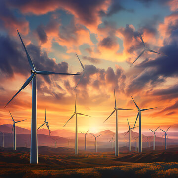 Group of wind turbines against a vibrant sunset sky.