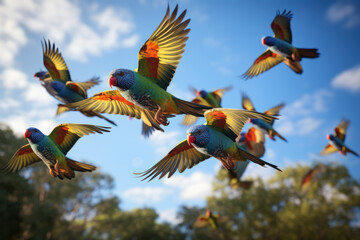 Fototapeta premium A flock of colorful lorikeets in flight, symbolizing the richness of Australia's bird species. Generative Ai.