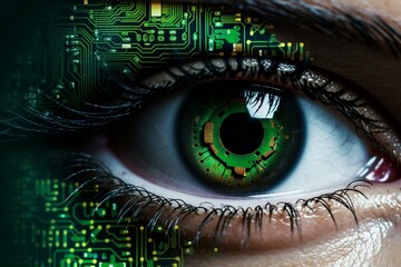 Closeup of a microchip-covered circuit board with a vibrant green eye. Generative AI