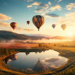 Hot air balloons floating over a serene countryside in the early morning.