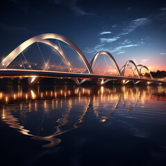 Fototapeta na wymiar Modern bridge with lights reflecting in rippling water below.