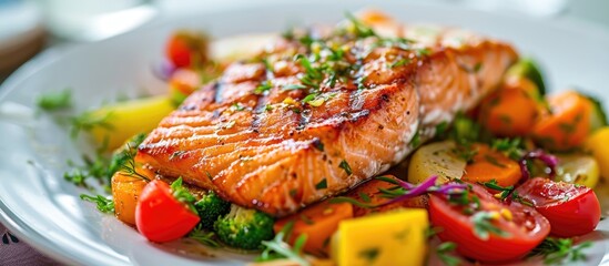 Grilled salmon with colorful vegetables on plate.