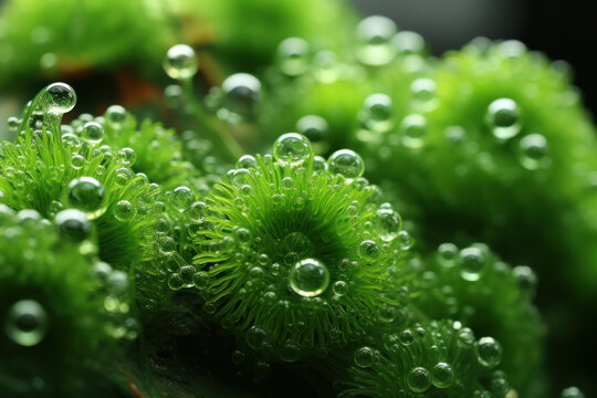 The intricate structure of microscopic algae, vital contributors to oxygen production in aquatic ecosystems. Generative Ai.