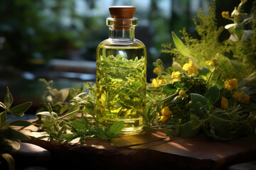 A bottle of herbal tea and fresh herbs, promoting the therapeutic aspects of herbal remedies for health and relaxation. Generative Ai.