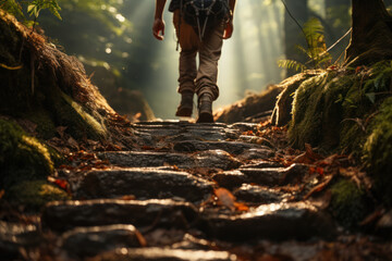 A first step on a hiking trail, representing the initial action as a catalyst for a journey of...
