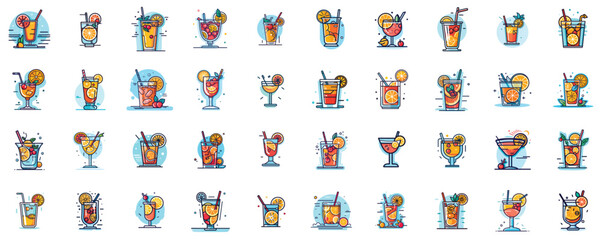 set of summer icon. collection of summer theme color drinks. summer vibe colors. collection of summer scenes. vector illustration.