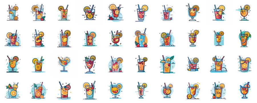 set of summer icon. collection of summer theme color drinks. summer vibe colors. collection of summer scenes. vector illustration.