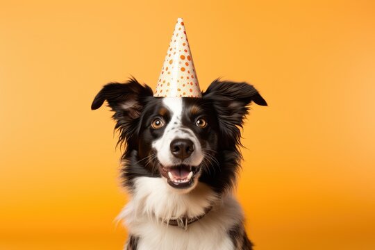 Happy cute dog wearing in party hat celebrating at birthday party isolated on orange background. Greeting card, banner, postcard, poster, print, design with copy space