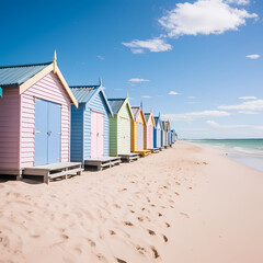 Row of beach huts in vivid colors lining a sandy shore.