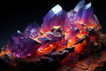 Fluorescent minerals emitting a vivid luminescence under ultraviolet light, showcasing the stunning beauty hidden within geological formations. Generative Ai.
