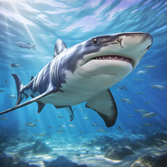 Fototapeta premium Great White Shark swimming underwater in the ocean showing its teeth