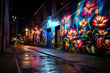 Luminescent street art transforming a mundane alley into a captivating and vibrant outdoor gallery, inspiring creativity in urban spaces. Generative Ai. - obrazy, fototapety, plakaty