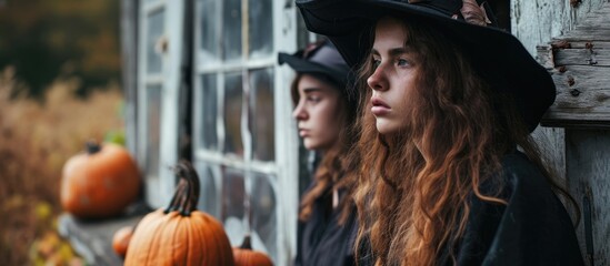 Young woman dressed as a witch with pumpkins outdoors; another woman sad by a window.
