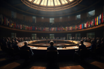 A diplomatic summit, where world leaders gather to address global issues, illustrating the complexities of international relations and cooperation. Concept of diplomatic efforts. Generative Ai.