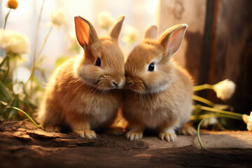 Obraz premium A pair of affectionate bunnies grooming each other, symbolizing the close bond and social nature of rabbits in a household. Concept of bunny companionship. Generative Ai.