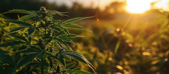 Hemp and cannabis at sunset, used for patient treatment and pain management with drugs. - obrazy, fototapety, plakaty