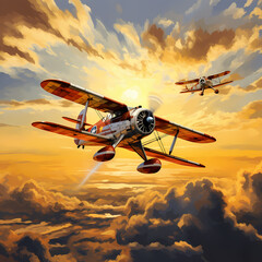 Vintage biplanes in a synchronized aerial dance against a vibrant sky. - obrazy, fototapety, plakaty