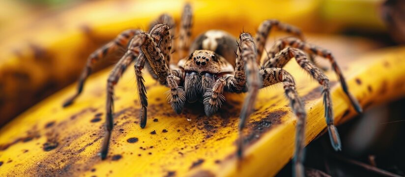 Photographed closeup of a medically significant spider on bananas.