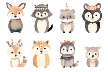Watercolor a cute American Indian set with animals such as a rabbit, bear, fox, raccoon, deer, cat, panda, owl, and sloth. Each animal on white background.