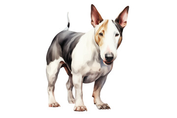Cute little Bull terrier dog with a wide open mouthed smile and bright. Watercolor