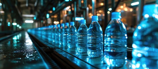 Microscan, MicroHAWK, and MicroVISION offer barcode reading for plastic bottles on a conveyor belt in a mineral water factory. - obrazy, fototapety, plakaty