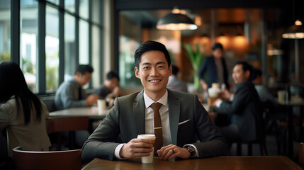 Asian businessman dressed in a sharp, tailored suit, seated comfortably in a modern coffee shop.