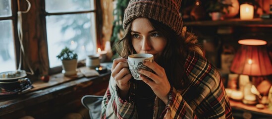 Cozy woman in living room, drinking hot beverage, wrapped in plaid. - obrazy, fototapety, plakaty