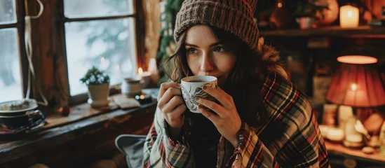Deurstickers Cozy woman in living room, drinking hot beverage, wrapped in plaid. © AkuAku