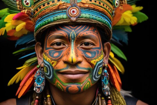 Man with beautiful face art on black background. Beautiful Indian male hunter with big indian plume of feathers. Native american creative makeup. Western style