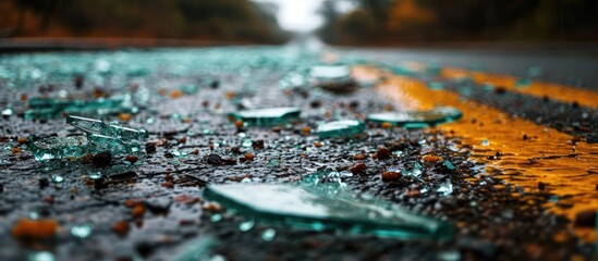 Road littered with shattered glass after crash. - obrazy, fototapety, plakaty