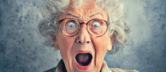 Fotobehang Elderly woman with denture in awe, open-mouthed for surprise. © AkuAku