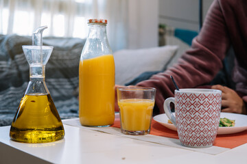 breakfast orange juice, coffee and olive oil