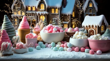 "A scene featuring a colorful array of handmade marshmallows, each uniquely shaped and dusted with powdered sugar, evoking nostalgia with every bite."