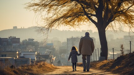 Interwoven Moments: A Grandfather and Granddaughter Stroll Beneath the Trees, Nurturing Bonds and Creating Timeless Memories, the essence of shared moments, love, and the passing down of values  - obrazy, fototapety, plakaty