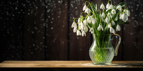 Still life with snowdrops in a glass vase. Springtime flowers.