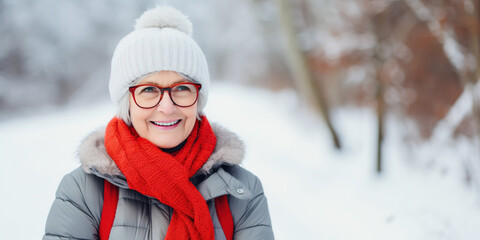 Obraz premium Happy elderly lady in winter park with copy space