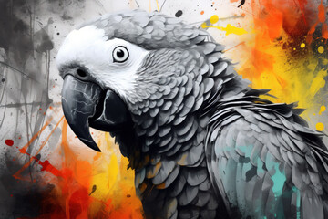 Fototapeta premium Portrait of a parrot, grayscale with splashes that reveal vibrant colors
