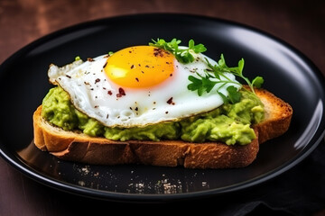 A delicious toast with guacemole and fried egg