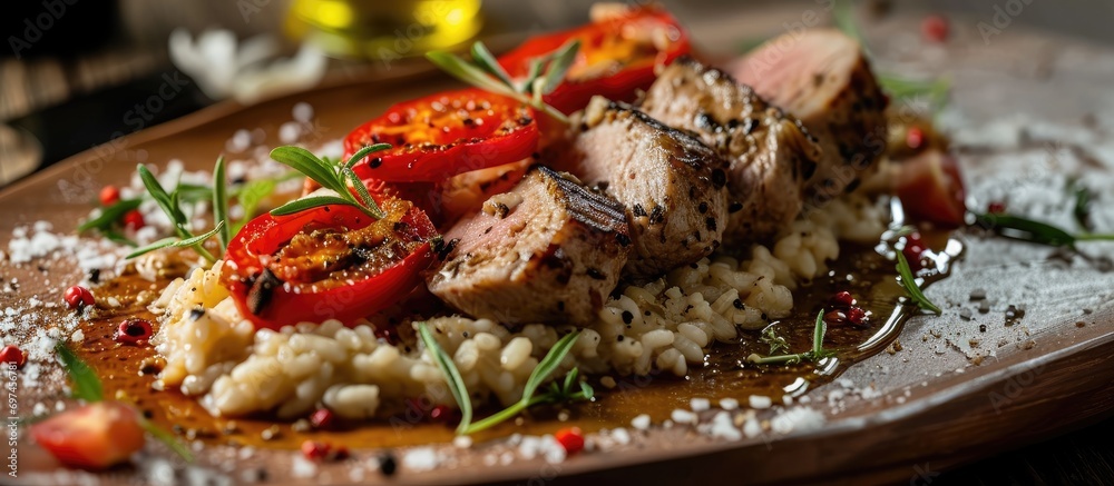 Poster closeup of pork tenderloin with red pepper and risotto with bear garlic and oil on table.