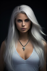 Portrait of a beautiful woman with long white hair and blue eyes