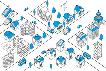 車が走るシンプルな街並みの俯瞰イラスト（青色横長）