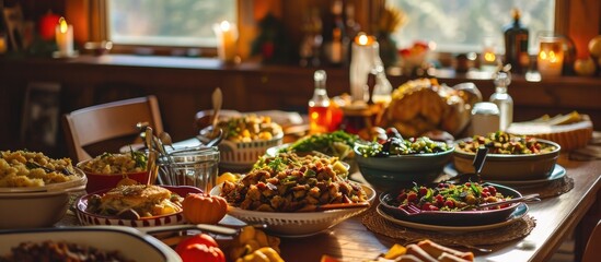 Family Thanksgiving potluck, everyone serving themselves dinner together.