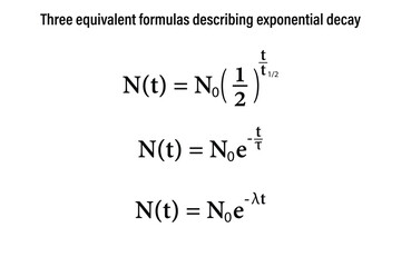 Three equivalent formulas describing exponential decay on the white background. Education. Science. School. Vector illustration.