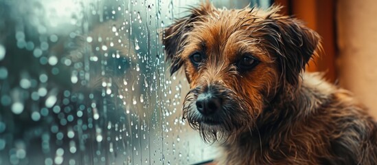 Tiny dog by window, rain and water on glass, bored or sad expression, indoor pets at home. - obrazy, fototapety, plakaty